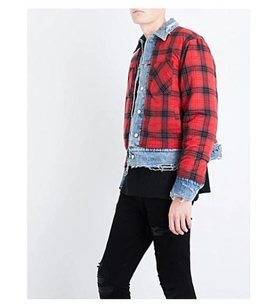 Shop Amiri Checked Denim And Cotton And Cashmere Blend Jacket In Indigo Red