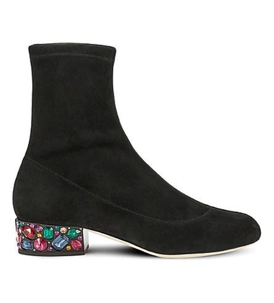 Shop Jimmy Choo Maisie 35 Embellished-heel Stretch-suede Boots In Black