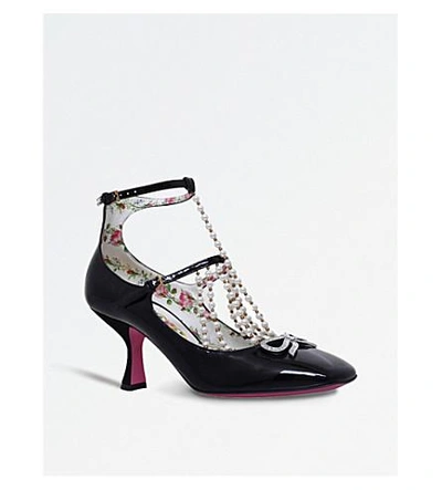 Shop Gucci T-strap Leather Pump With Pearls In Black