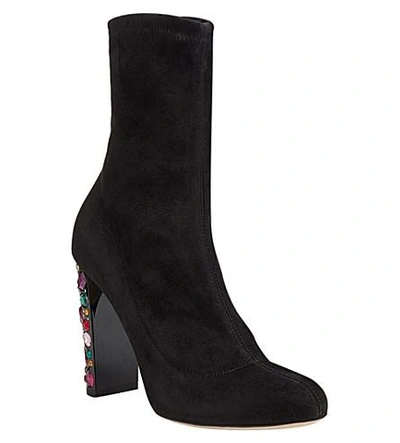 Shop Jimmy Choo Maine 100 Embellished-heel Stretch-suede Boots In Black
