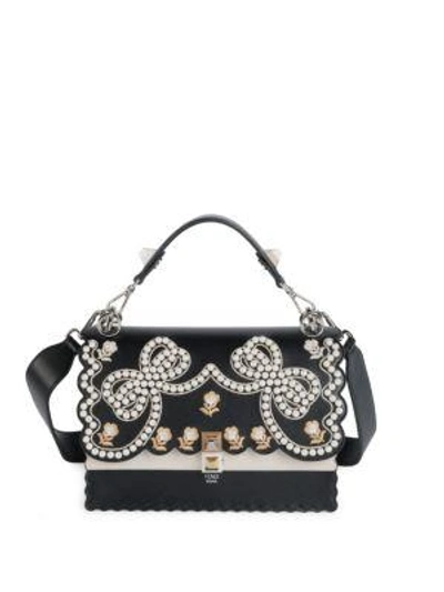 Shop Fendi Ribbons And Pearls Kan I Embroidered Leather Shoulder Bag In Nero