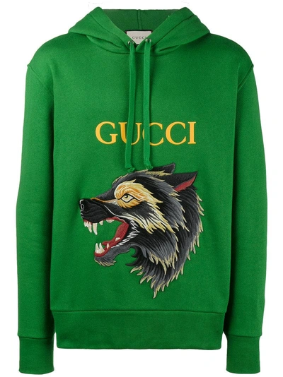 Gucci Wolf Appliqué Cotton-jersey Hoody In Bright Green | ModeSens