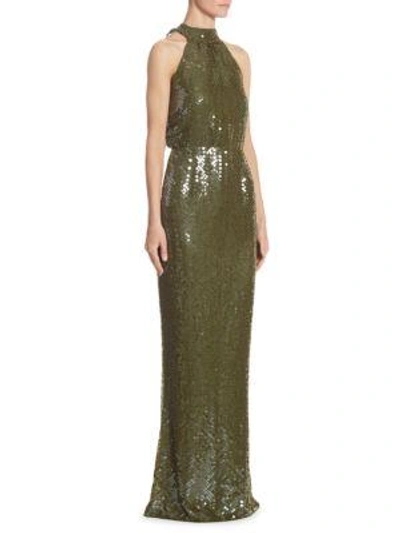 Shop Rachel Gilbert Inga Halter Sequin Gown In Green