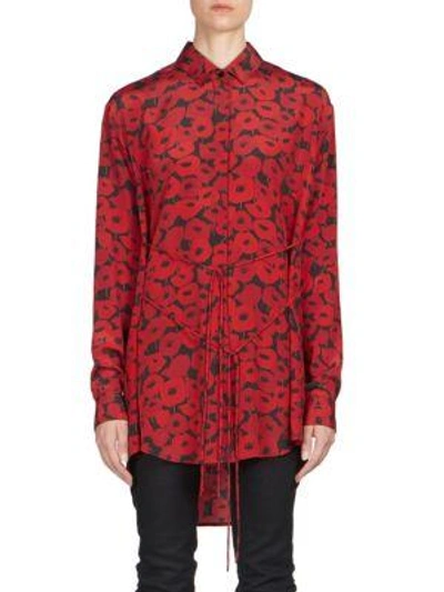 Shop Saint Laurent Silk Poppy-print Blouse In Red Black