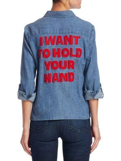 Shop Alice And Olivia Alice + Olivia X Beatles Eloise Applique Roll Cuff Button-down In Medium Wash Chambray