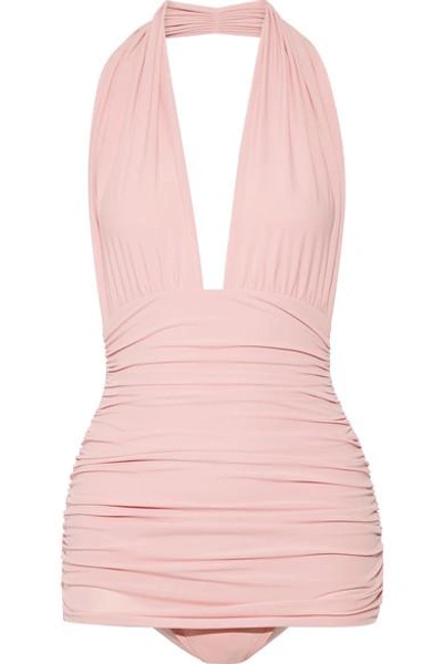 Shop Norma Kamali Bill Ruched Halterneck Swimsuit In Baby Pink