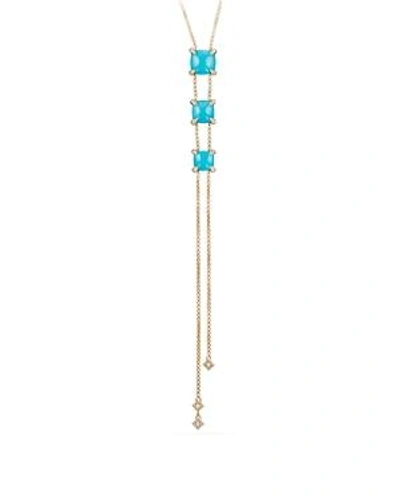 Shop David Yurman Chatelaine Y Necklace With Turquoise & Diamonds In 18k Gold In Blue/gold