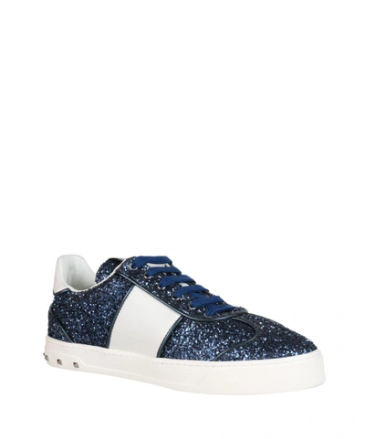 Shop Valentino Fly Crew Glittered Leather Sneakers In Blu