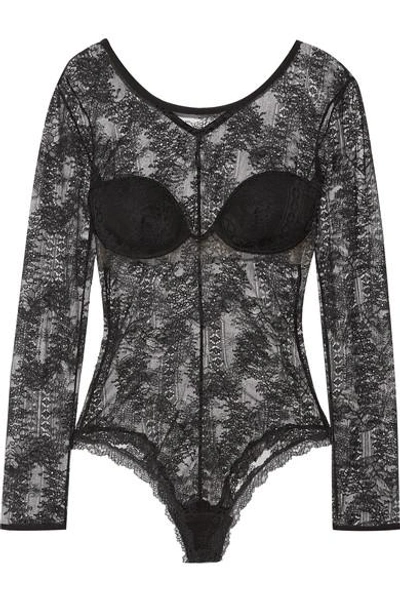 Shop La Perla Lace Frills Stretch-leavers Lace Bodysuit In Black