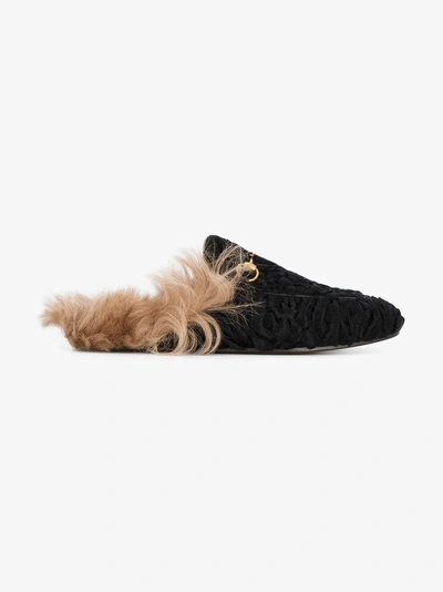 Shop Gucci Black Princetown Shearling Mules