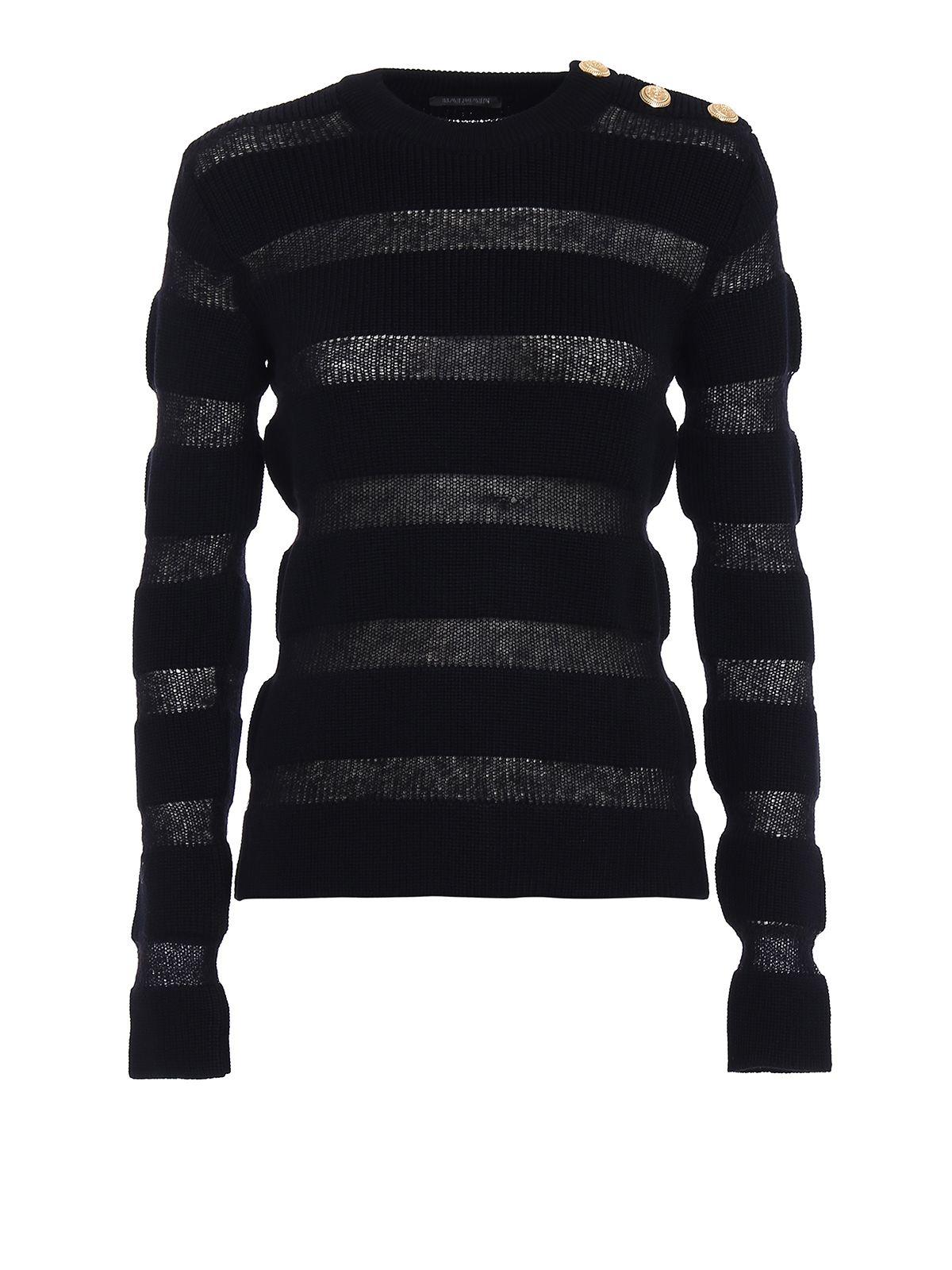 Balmain Sheer Striped Merino Sweater In Black | ModeSens