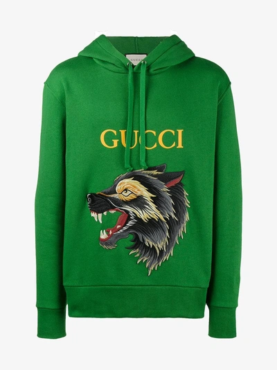 Gucci Wolf Appliqué Cotton-jersey Hoody In Bright Green | ModeSens