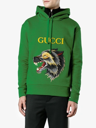 Gucci Wolf Cotton-jersey Hoody In Green | ModeSens