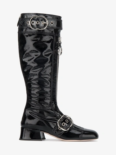 Shop Miu Miu Black Patent Leather Zipper Knee Boots
