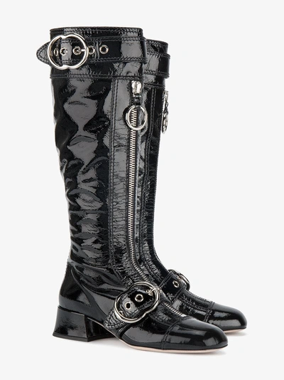 Shop Miu Miu Black Patent Leather Zipper Knee Boots
