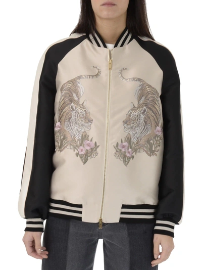 Shop Stella Mccartney Tiger Embroidery Oyster Bomber Jacket In Sand
