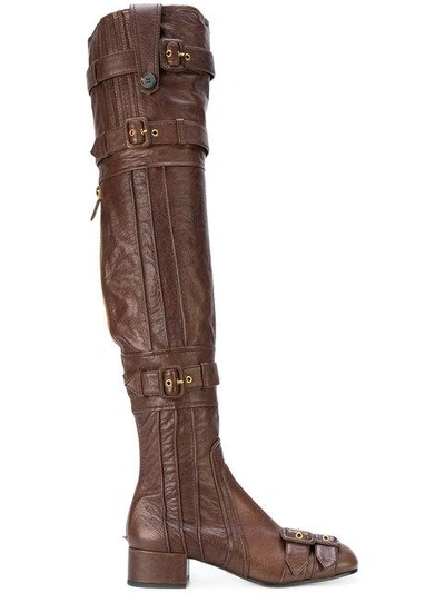 Shop Prada Thigh-high Buckle Boots In Brown