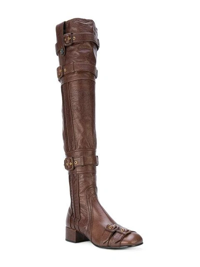 Shop Prada Thigh-high Buckle Boots In Brown