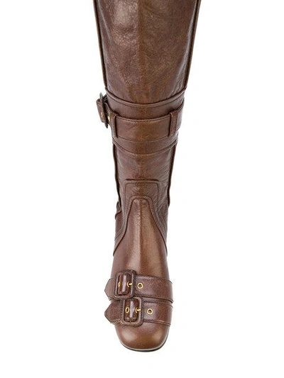 Shop Prada Thigh-high Buckle Boots In Brown