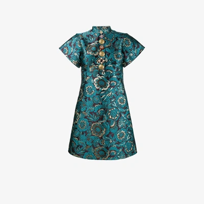 Shop Dolce & Gabbana Brocade Floral Print Mini Dress In Blue