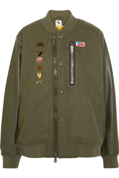 Shop Nike + Riccardo Tisci Embellished Appliquéd Wool-blend Felt And Faux Leather Bomber Jacket In Army Green