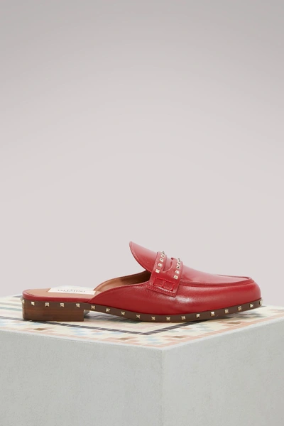 Shop Valentino Rockstuds Flat Slippers In Red