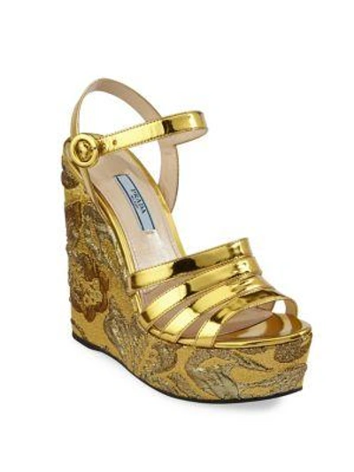 Shop Prada Leather Platform Wedge Sandals In Gold