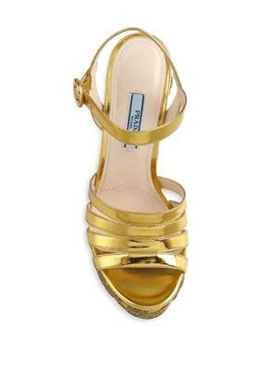 Shop Prada Leather Platform Wedge Sandals In Gold