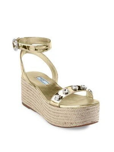 Shop Prada Calzature Donna Leather Flatform Sandals In Gold