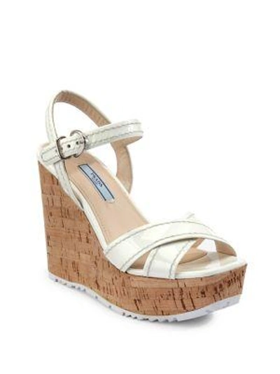 Shop Prada Leather Platform Wedge Sandals In Bianco