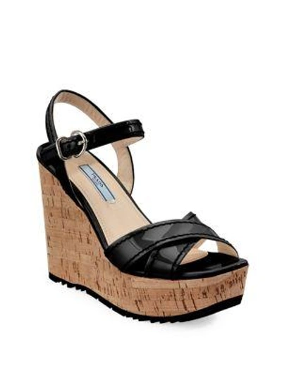 Shop Prada Leather Platform Wedge Sandals In Nero