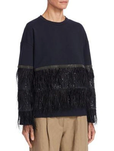 Shop Brunello Cucinelli Feather Trimmed Sweater In Navy