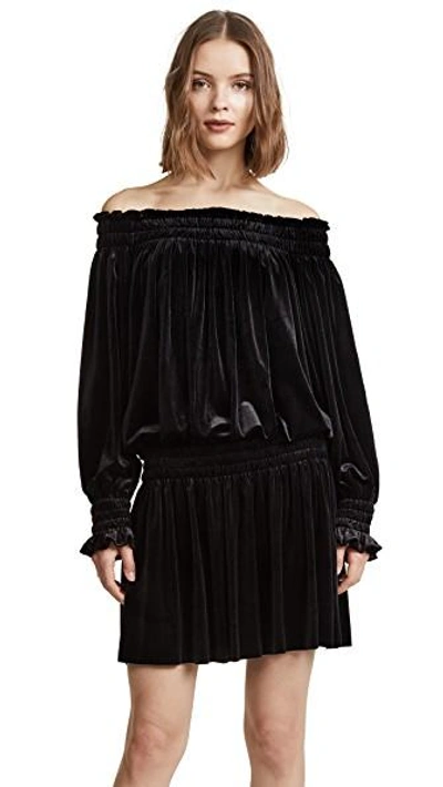 Shop Norma Kamali Velour Peasant Dress In Black