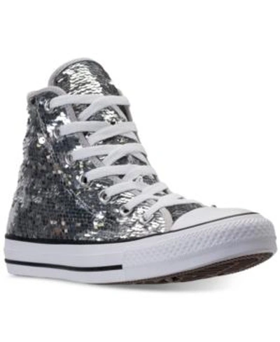 Shop Converse Women's Chuck Taylor Sequin High-top Casual Sneakers From Finish Line In Pure Silver