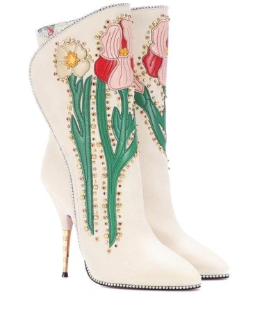Shop Gucci Embellished Leather Ankle Boots In White