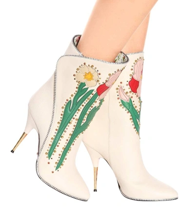 Shop Gucci Embellished Leather Ankle Boots In White