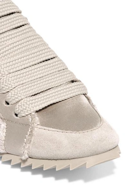 Shop Pedro Garcia Cristina Frayed Suede-trimmed Satin Sneakers In Ecru