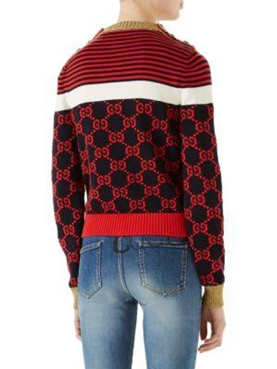 Shop Gucci Long Sleeve Cotton Stripe Button Detail Sweater In Navy-red