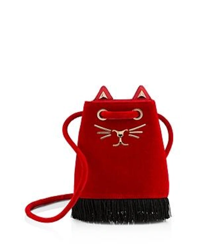 Shop Charlotte Olympia Feline Small Bucket Bag In Red Velvet