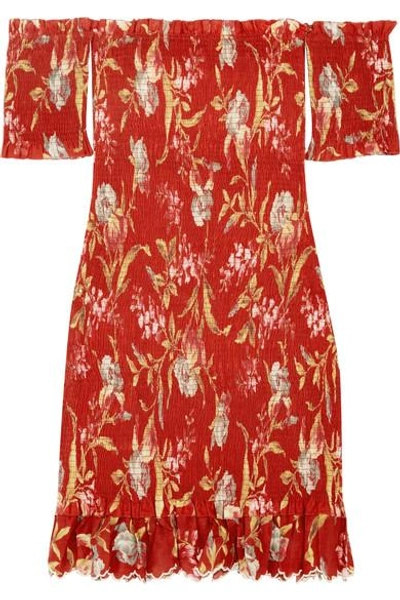 Shop Zimmermann Corsair Off-the-shoulder Shirred Printed Linen And Cotton-blend Dress In Crimson