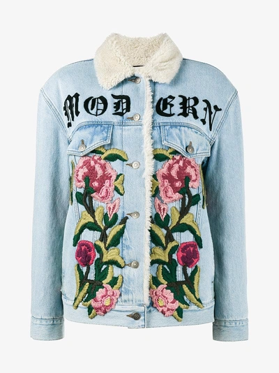 Shop Gucci Embroidered Shearling Denim Jacket In Blue