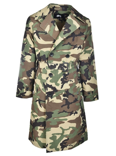 Shop Stussy Double Breasted Trench Coat In Camouflage