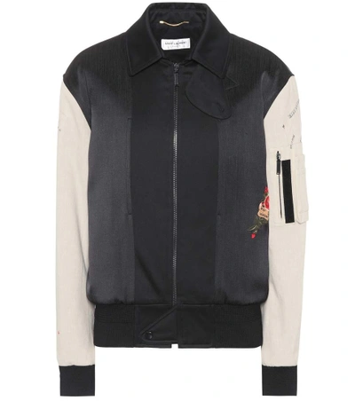 Shop Saint Laurent Embroidered Cotton Bomber Jacket In Black