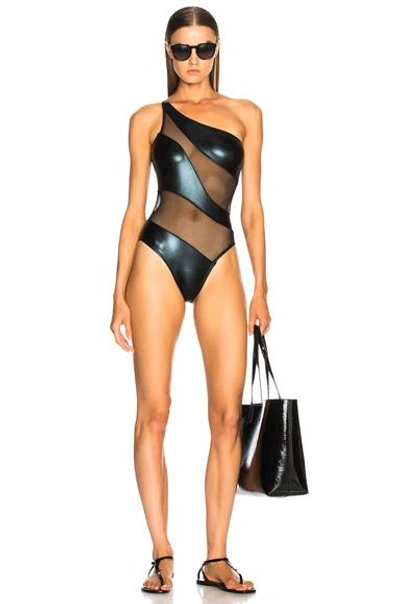 Shop Norma Kamali Snake Mesh Mio Swimsuit In Black Foil