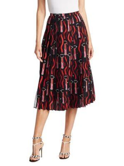 Shop Valentino Lipstick-print Pleated Skirt In Black Multi