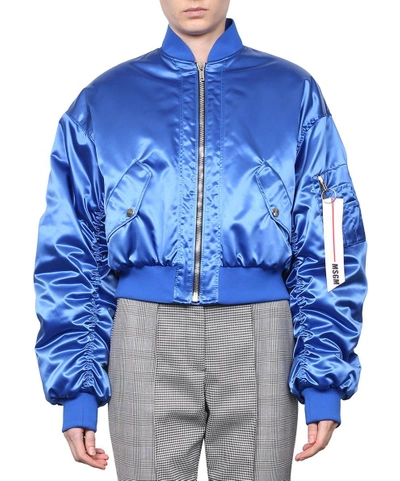 Shop Msgm Satin Bomber Jacket In Blu