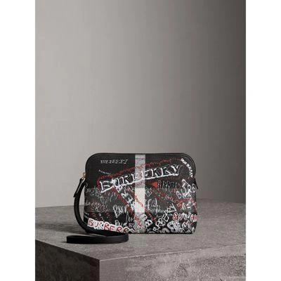 Shop Burberry Large Zip-top Doodle Print Coated Canvas Check Pouch In Black/white
