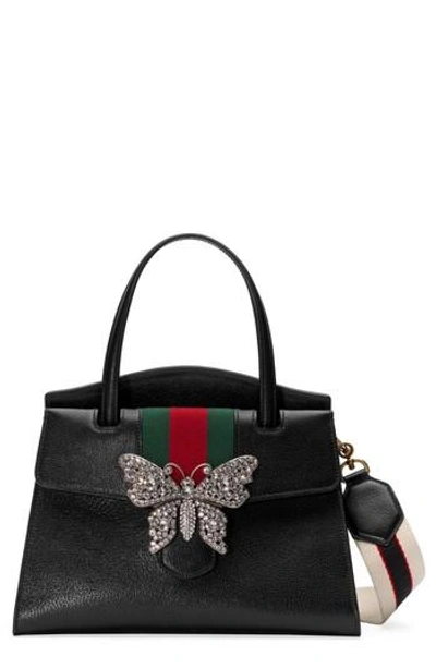 Shop Gucci Medium Linea Totem Leather Satchel - Black In Nero/ Vert Red Vert/ Crystal