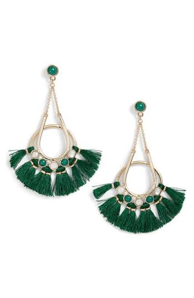 Shop Rebecca Minkoff Utopia Tassel Chandelier Earrings In Gold/ Green Tassels