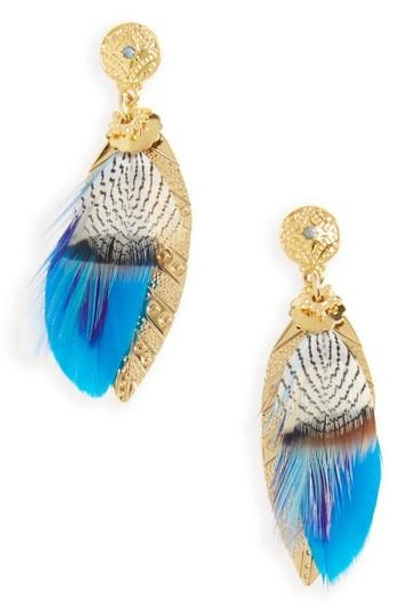 Shop Gas Bijoux Small Sao Feather Earrings In Aqua/ Gold